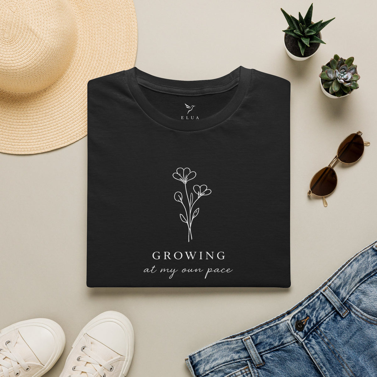 T-Shirt — Minimal Floral "Growing at My Own Pace" Tee