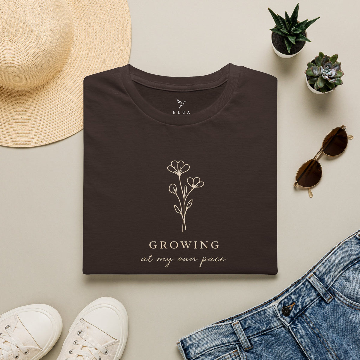 T-Shirt — Minimal Floral "Growing at My Own Pace" Tee