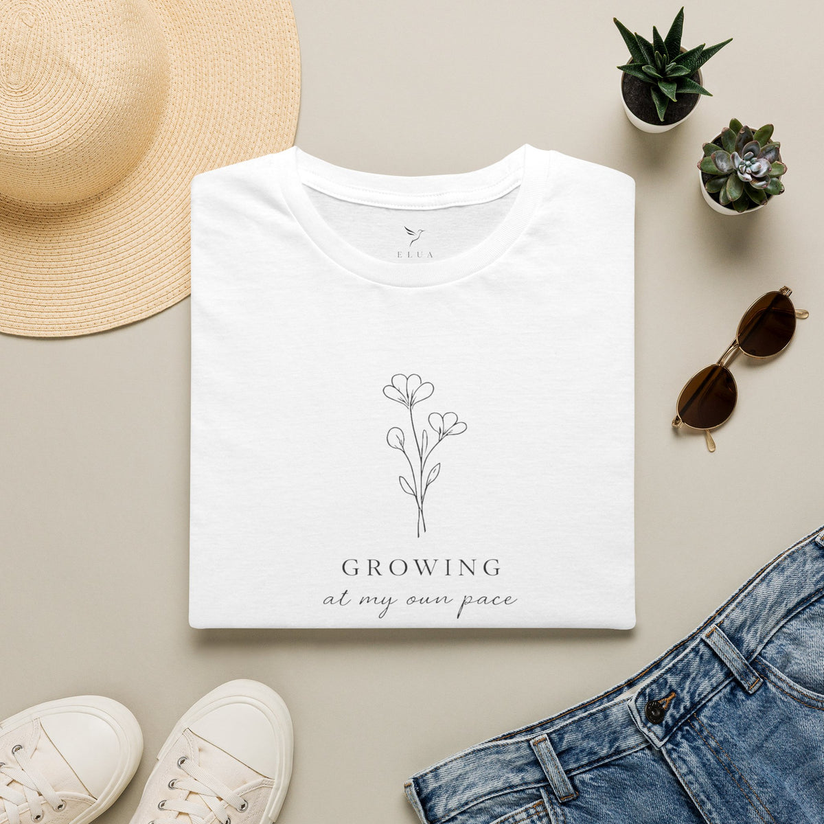 T-Shirt — Minimal Floral "Growing at My Own Pace" Tee
